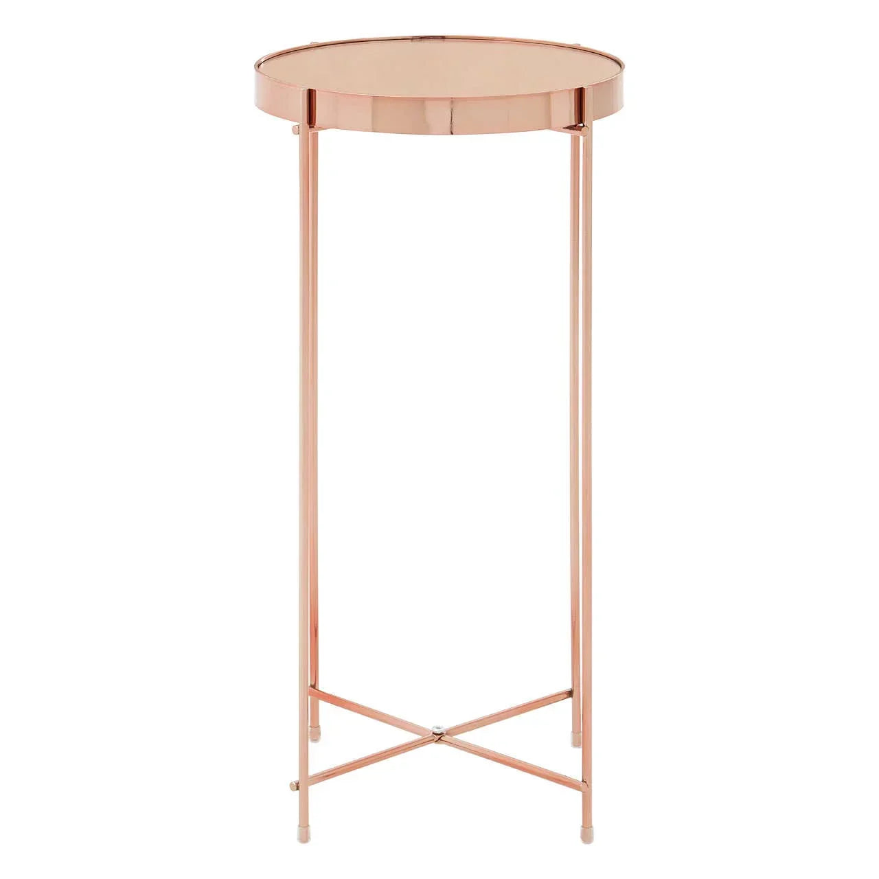 Round metal side table with rose gold finish and slender crossed legs