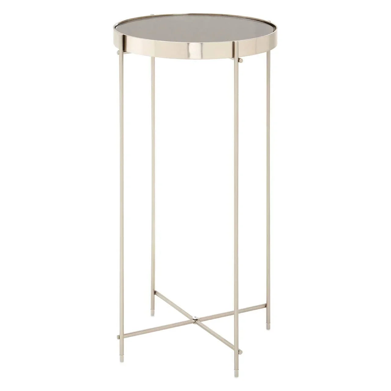 Round metal side table with glass top and slim gold legs