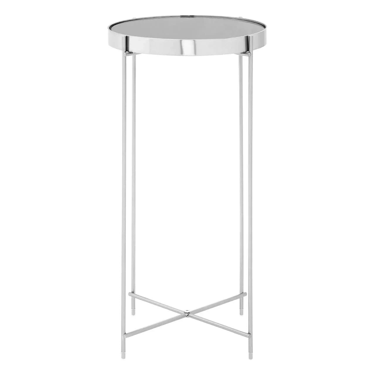 Round chrome side table with mirrored top and slim metal legs