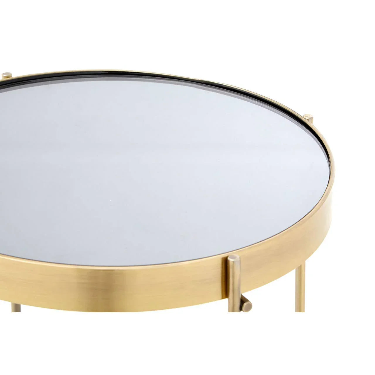Round glass top side table with gold metal frame, close up on tabletop and edge
