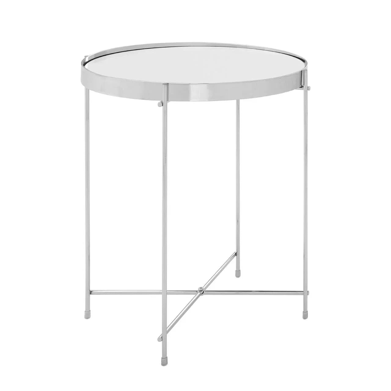 Round glass top side table with chrome legs and minimalist frame