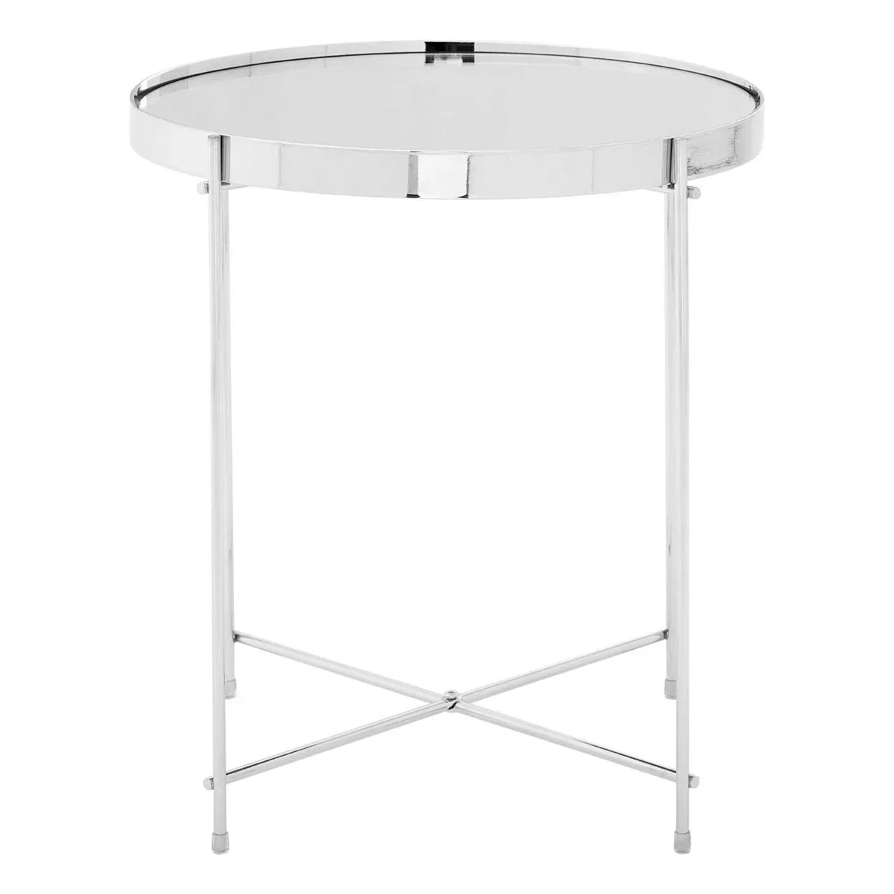 Round silver metal side table with mirrored top and cross base design