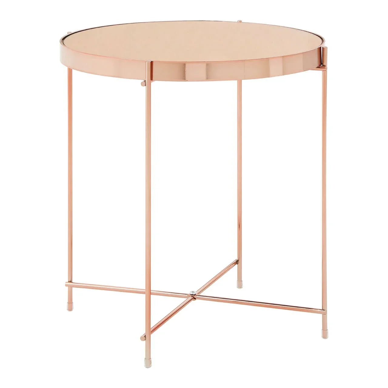 Round rose gold metal side table with mirrored top and slim legs
