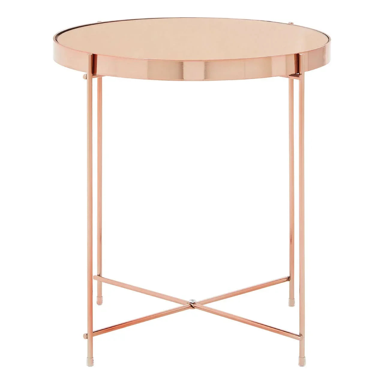 Round rose gold metal side table with slim legs and crossbar support