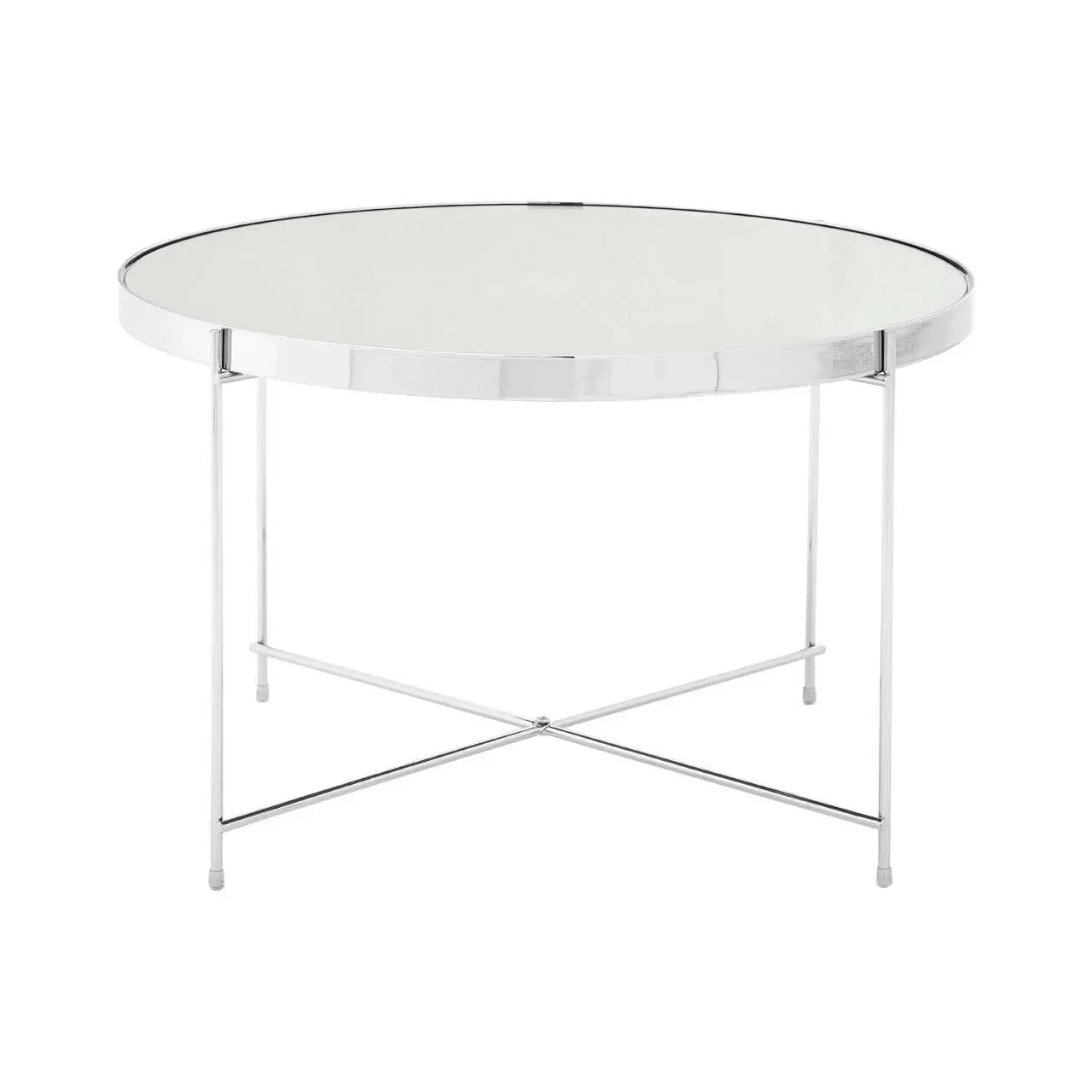 Round glass coffee table with chrome metal frame and cross base