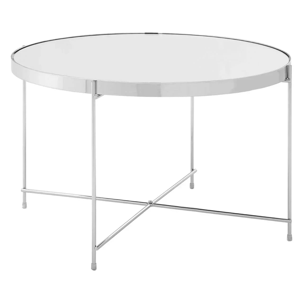 Round glass coffee table with chrome metal frame and cross base on white background