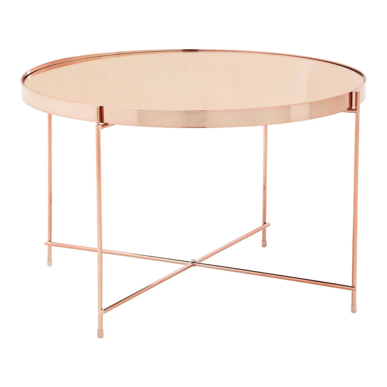 Round glass top coffee table with rose gold metal frame and cross base design