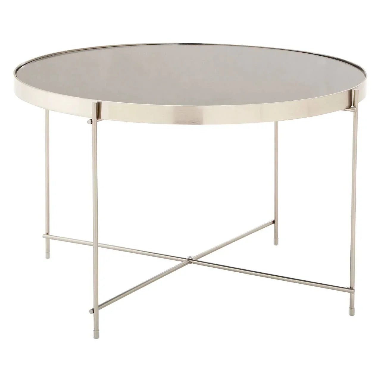 Round glass coffee table with metal frame and crossed legs on white background