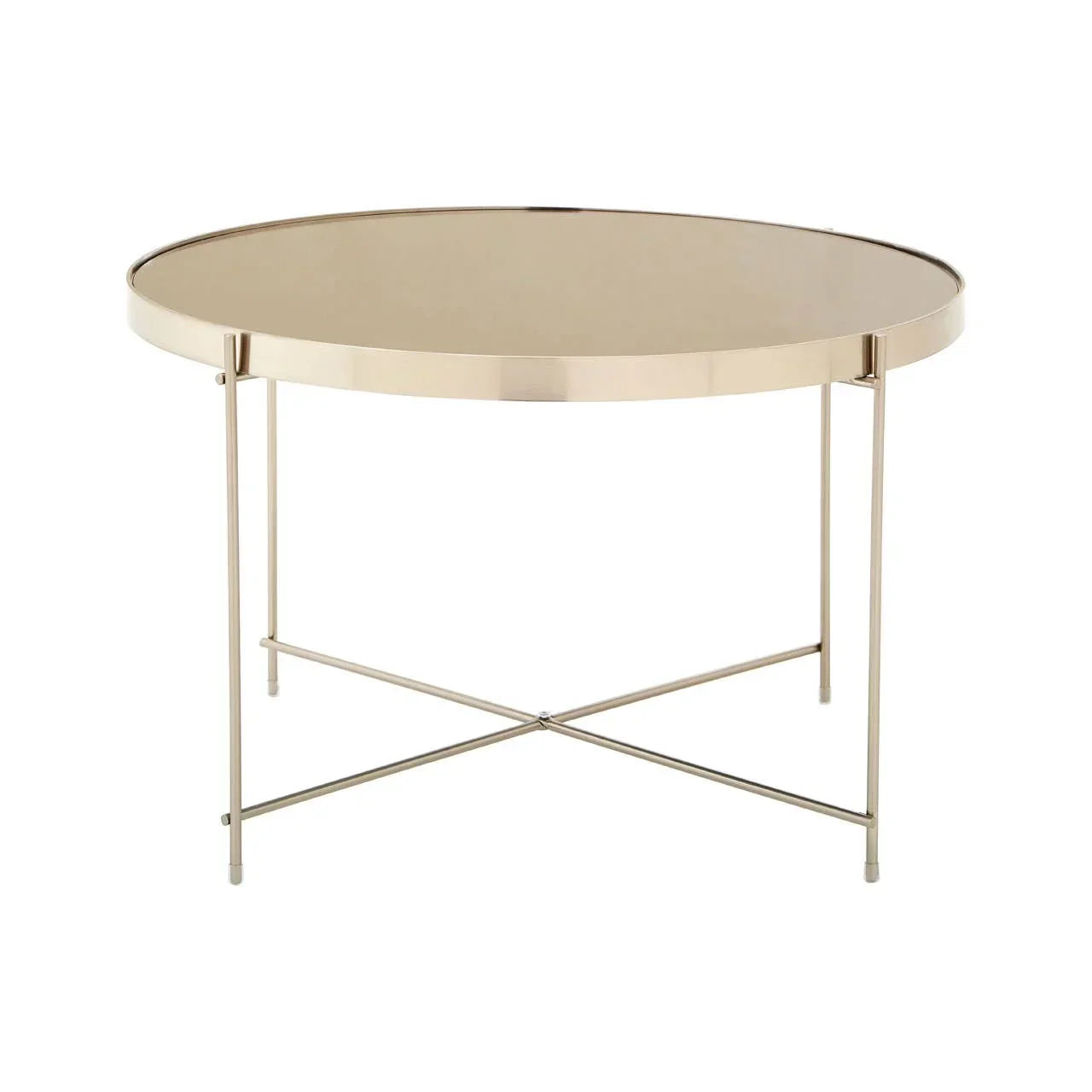 Round gold metal coffee table with mirrored top and cross base frame