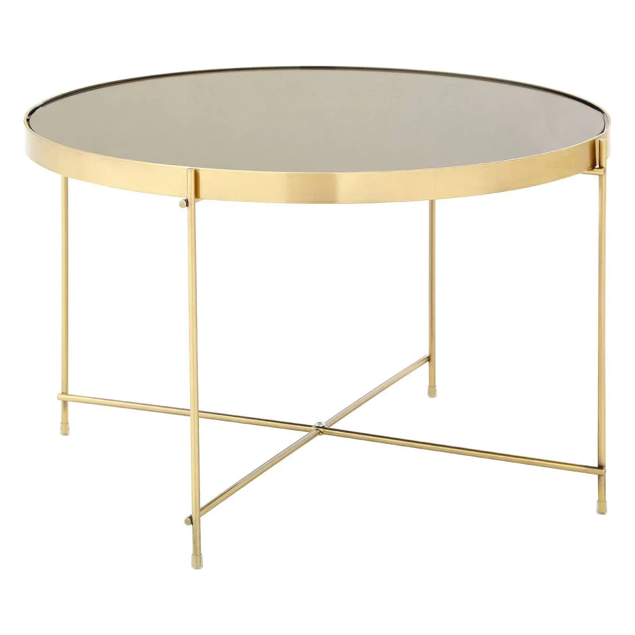 Round glass top coffee table with gold metal frame and slim crossed legs