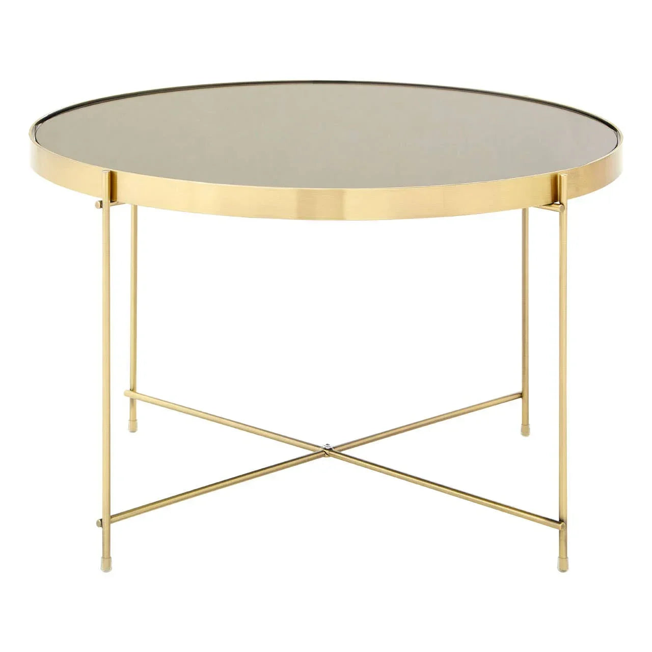 Round glass coffee table with gold metal frame and cross-leg design