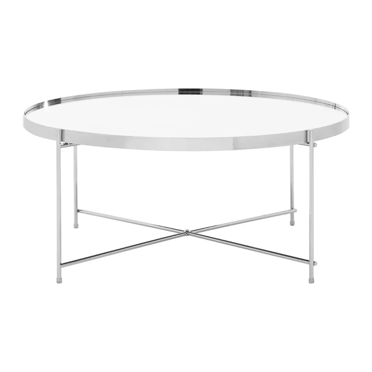 Round glass coffee table with chrome metal frame and crossed base
