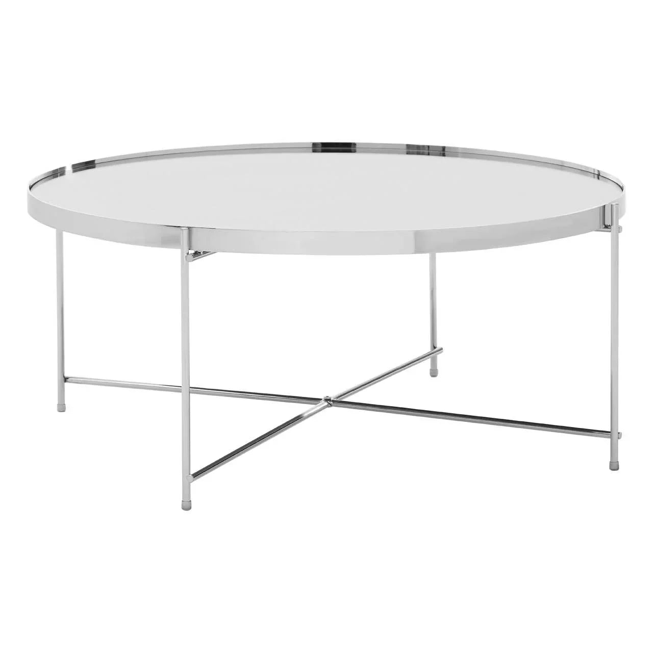 Round glass coffee table with chrome frame and cross base