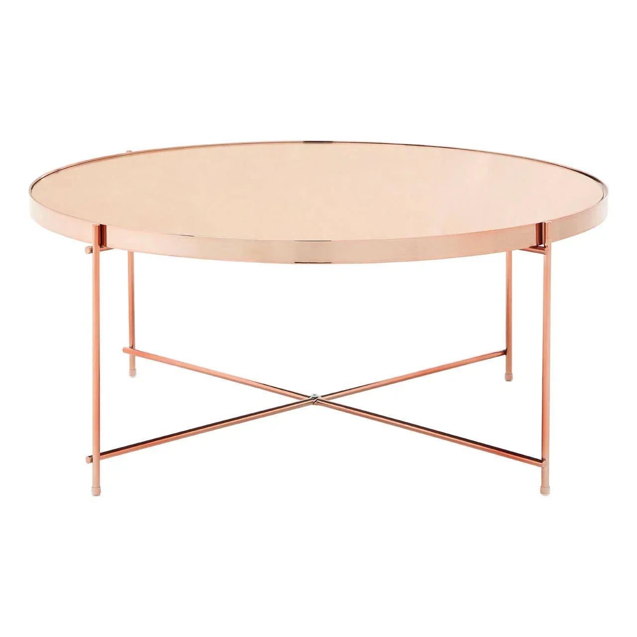 Round rose gold coffee table with mirrored glass top and slim metal legs