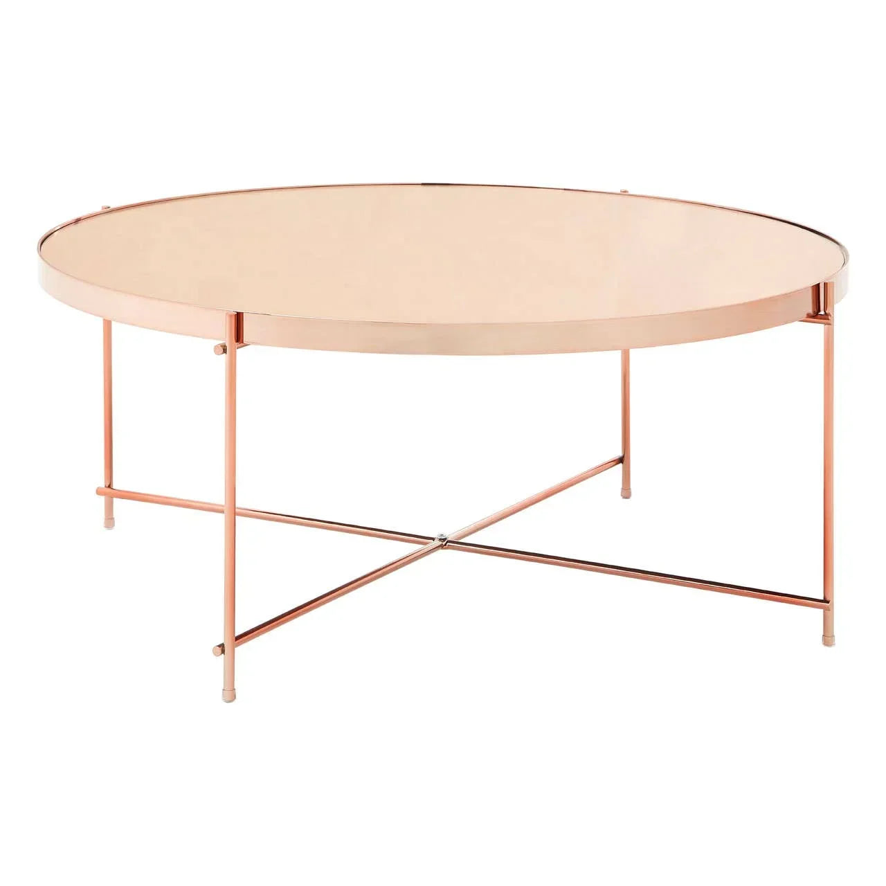 Round glass coffee table with rose gold metal frame and crossed leg support