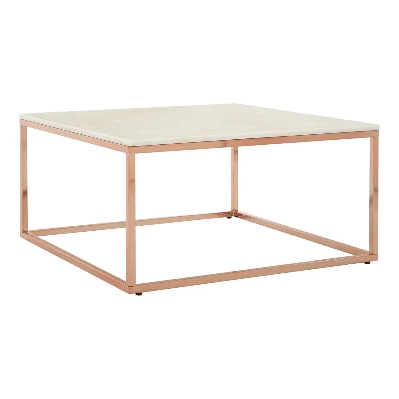 Square coffee table with rose gold metal frame and light marble top on white background