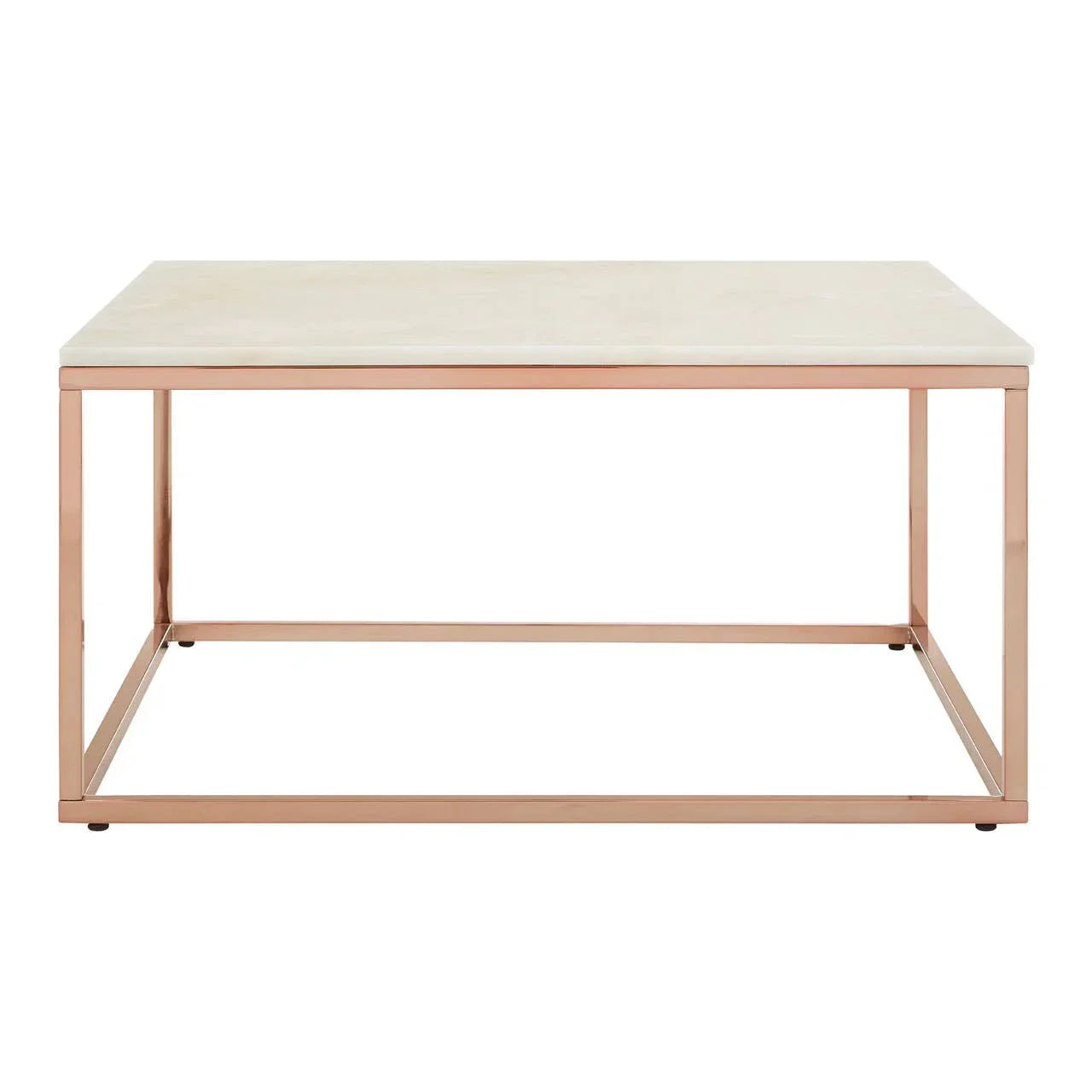 Rectangular coffee table with white marble top and gold metal frame, front view