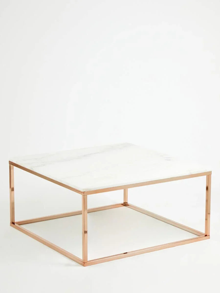 Square marble coffee table with rose gold metal frame on white background