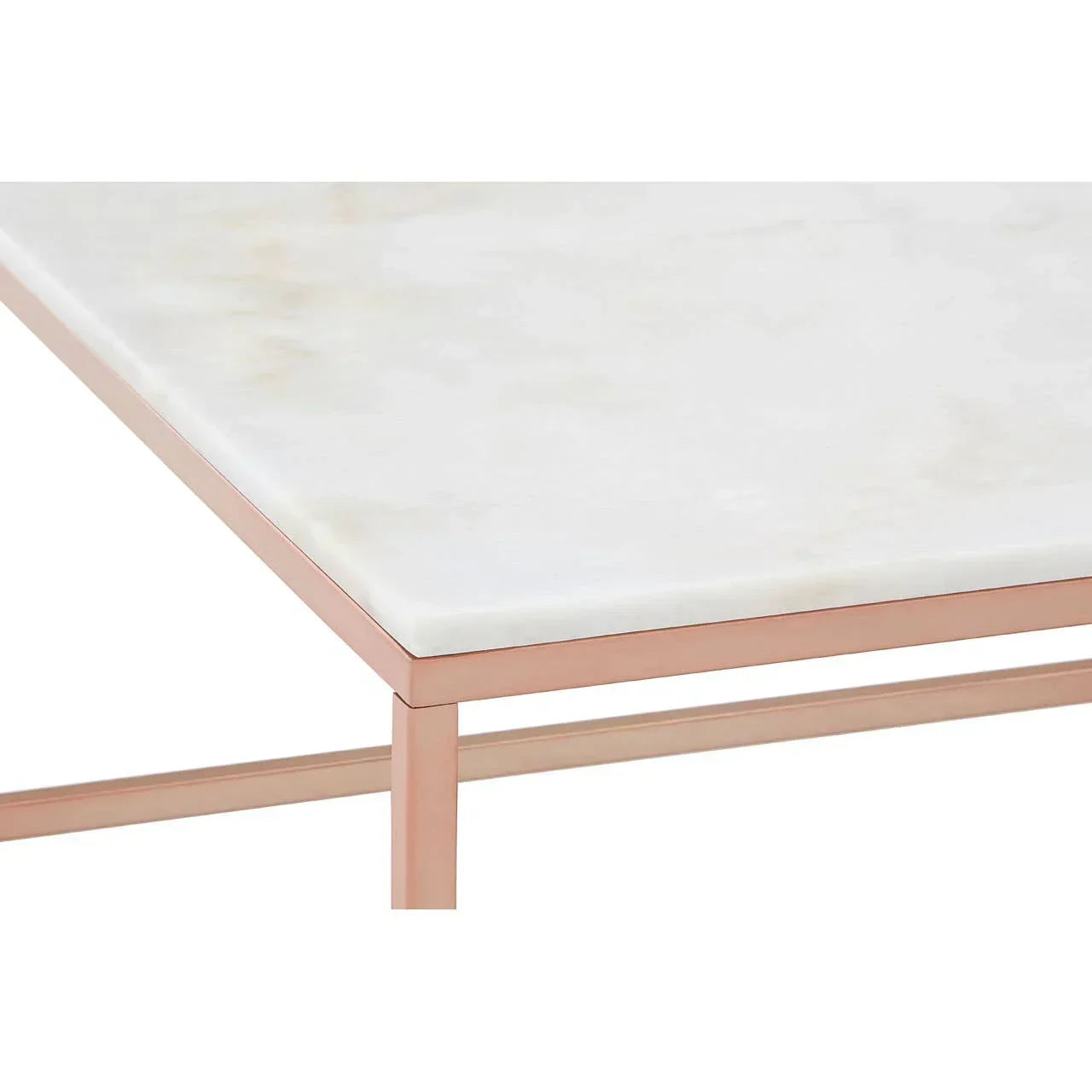 Marble top coffee table with rose gold metal frame, detailed corner view