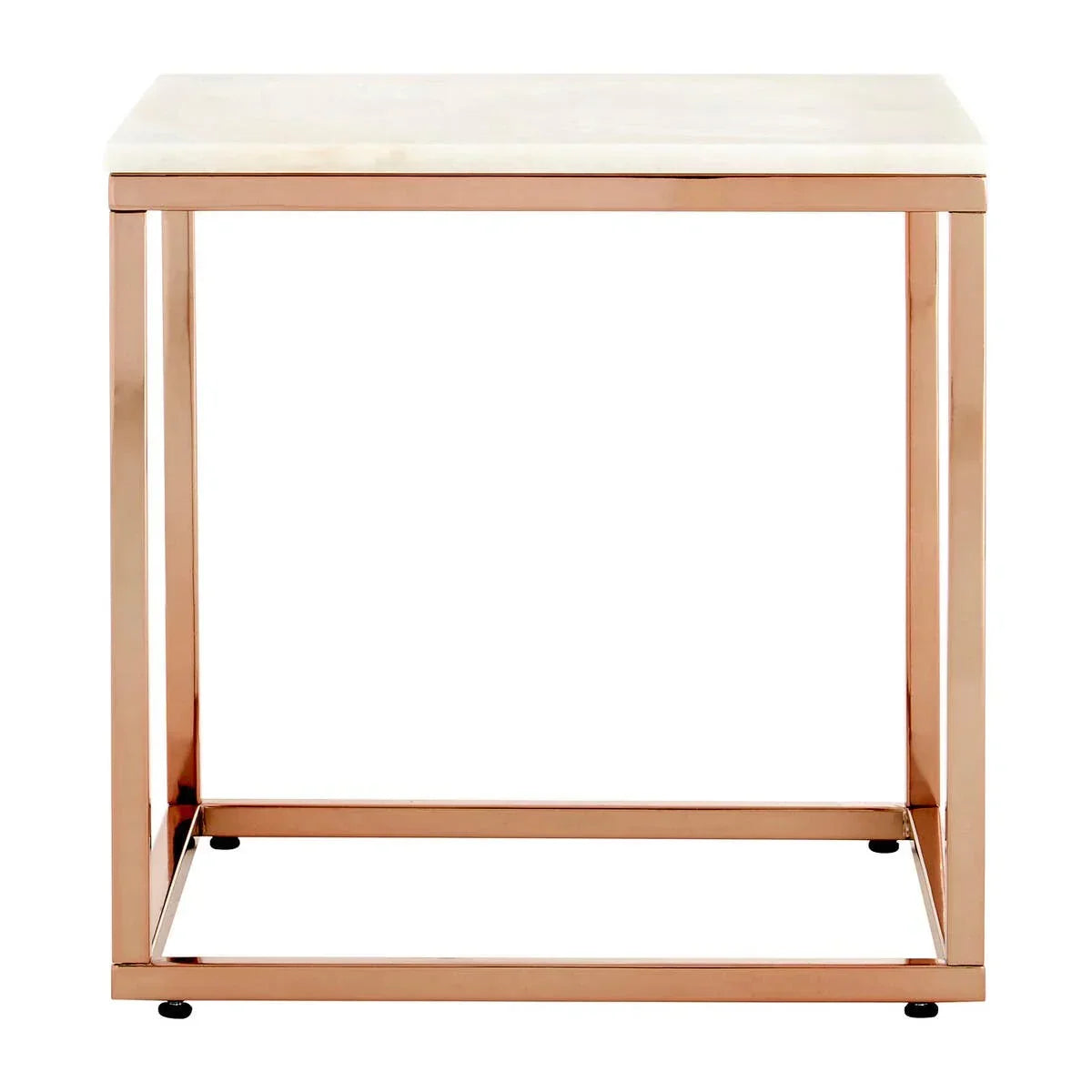 Square marble top side table with gold metal frame, front view against white background