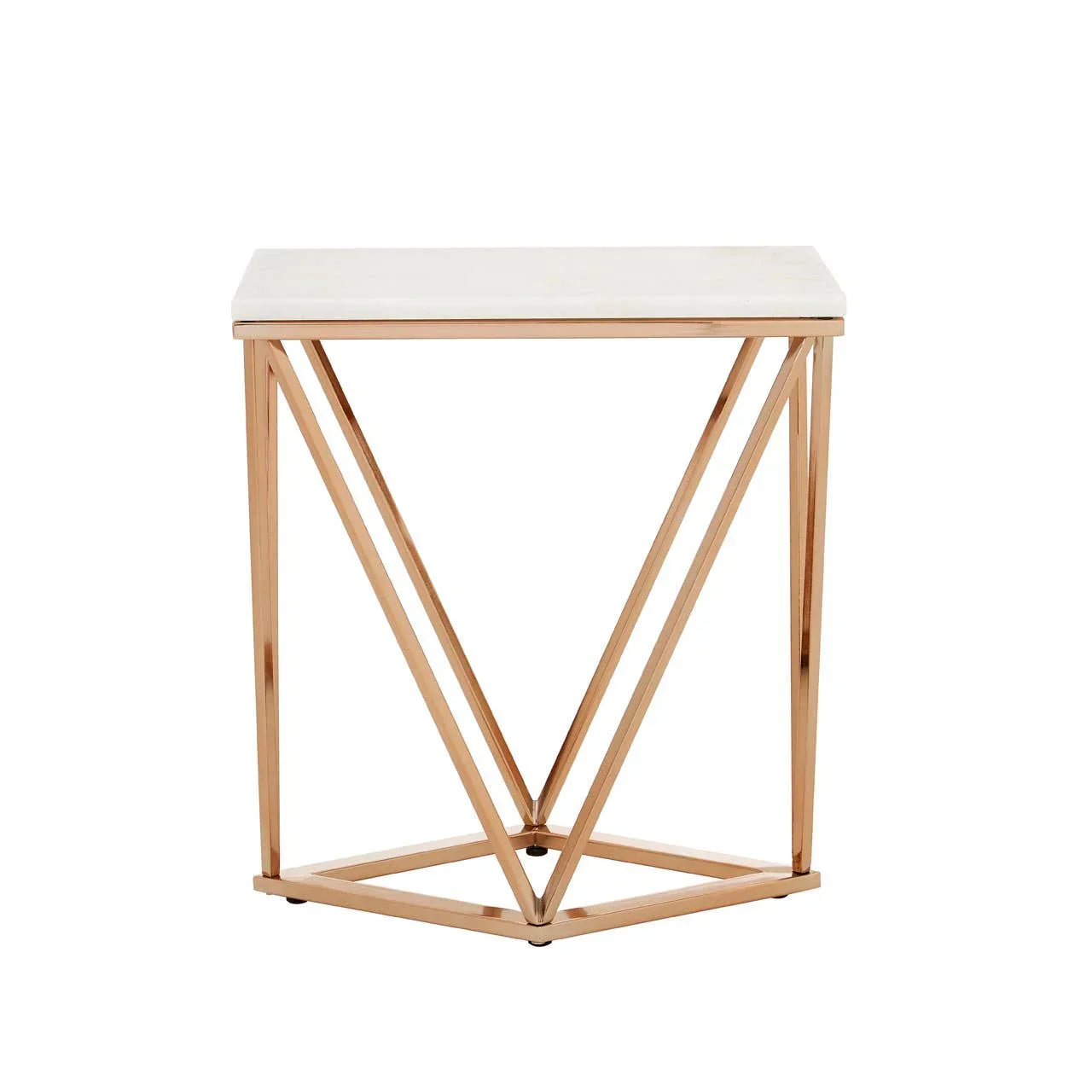 Marble top side table with gold metal geometric frame, front view