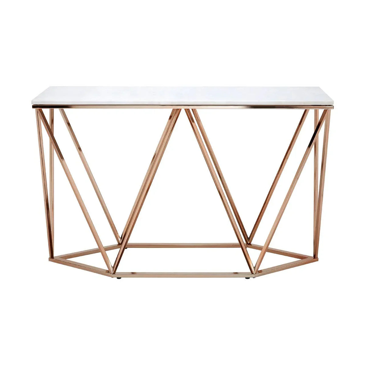 White marble console table with geometric gold metal frame, front on white background