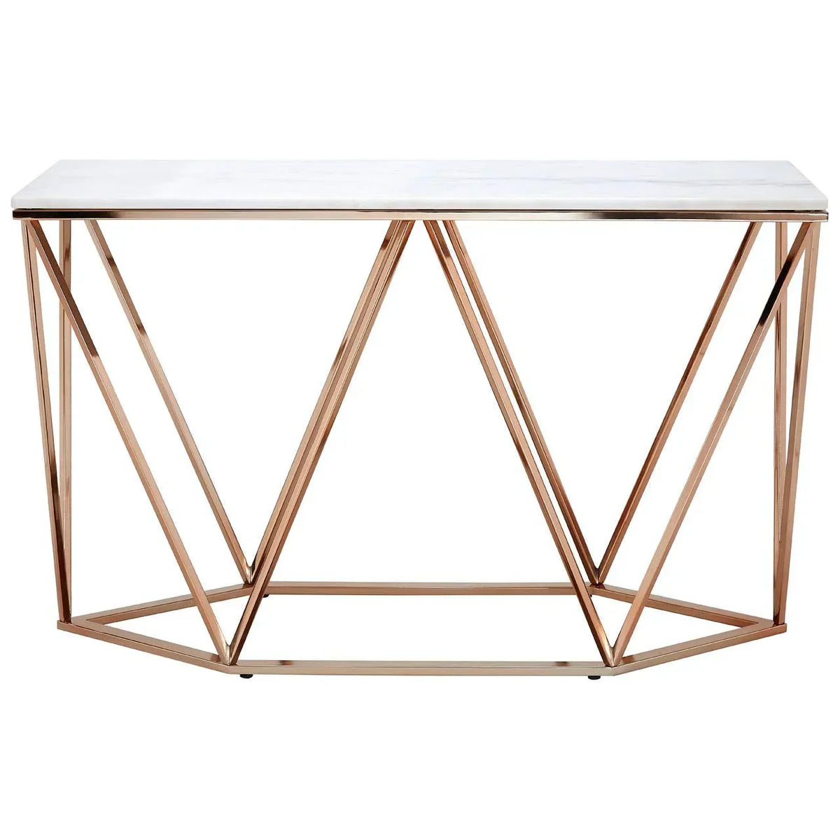 Marble top console table with gold geometric metal frame, modern hallway furniture
