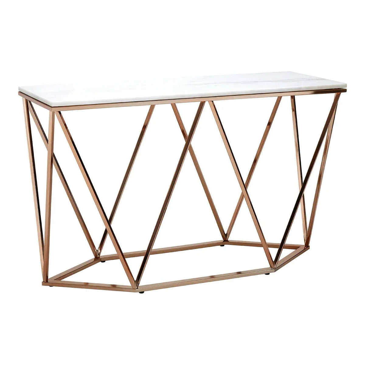 Marble top console table with geometric gold metal frame, angled front view