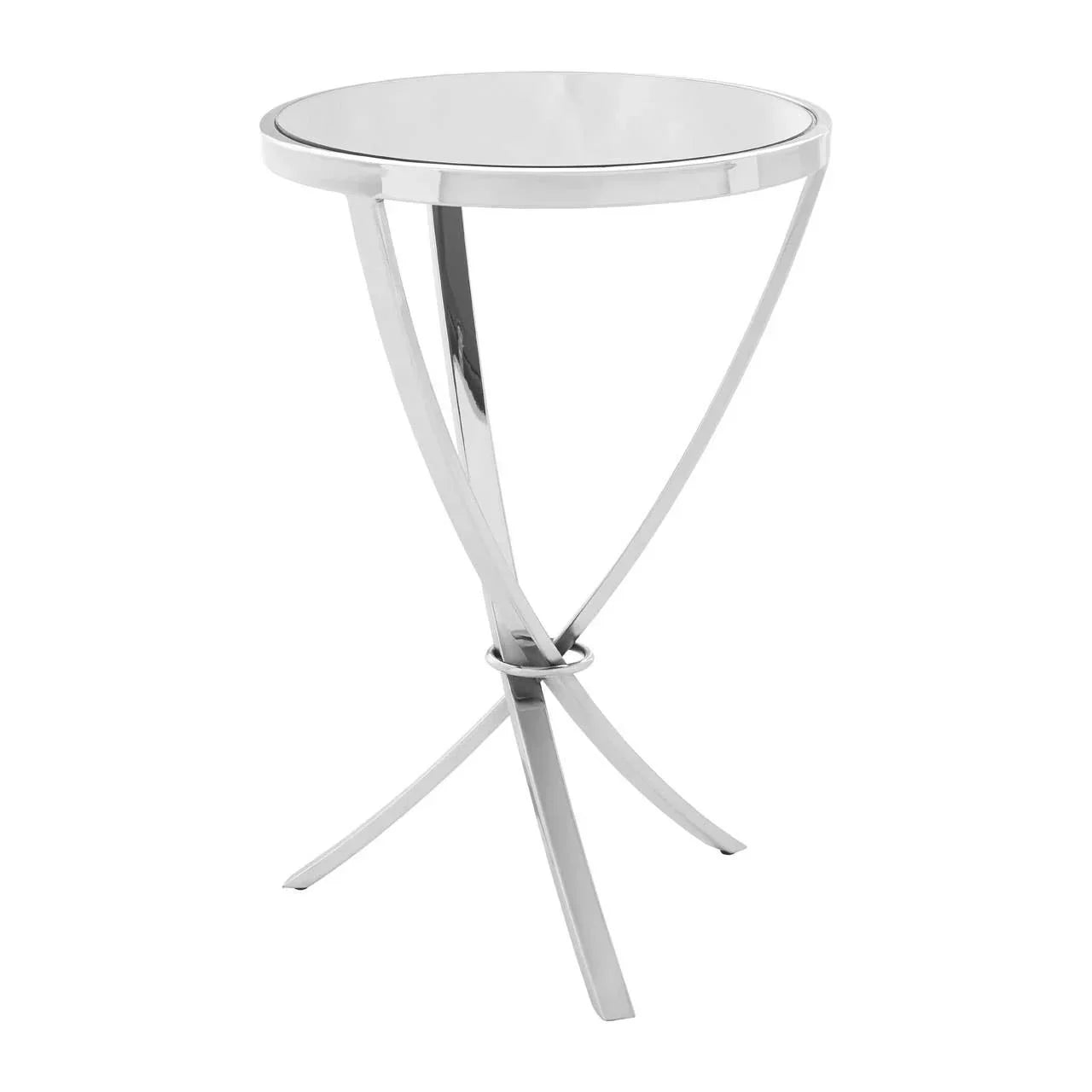 Round glass side table with chrome metal base and modern tripod leg design