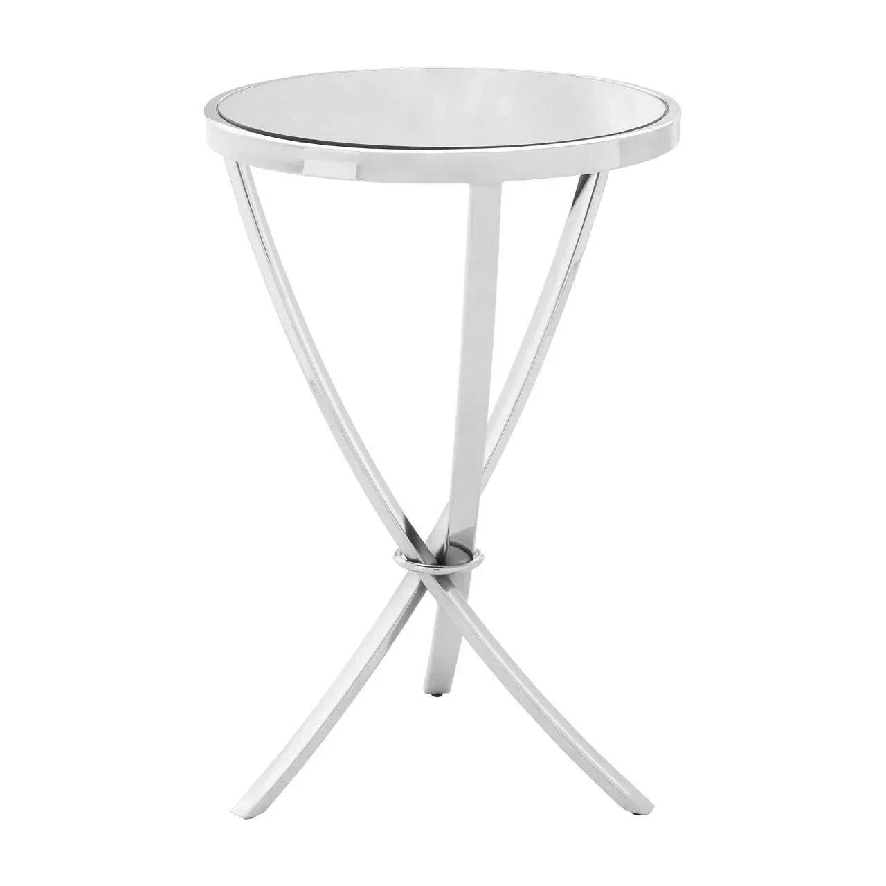 Round glass top side table with chrome metal legs and modern crisscross base design