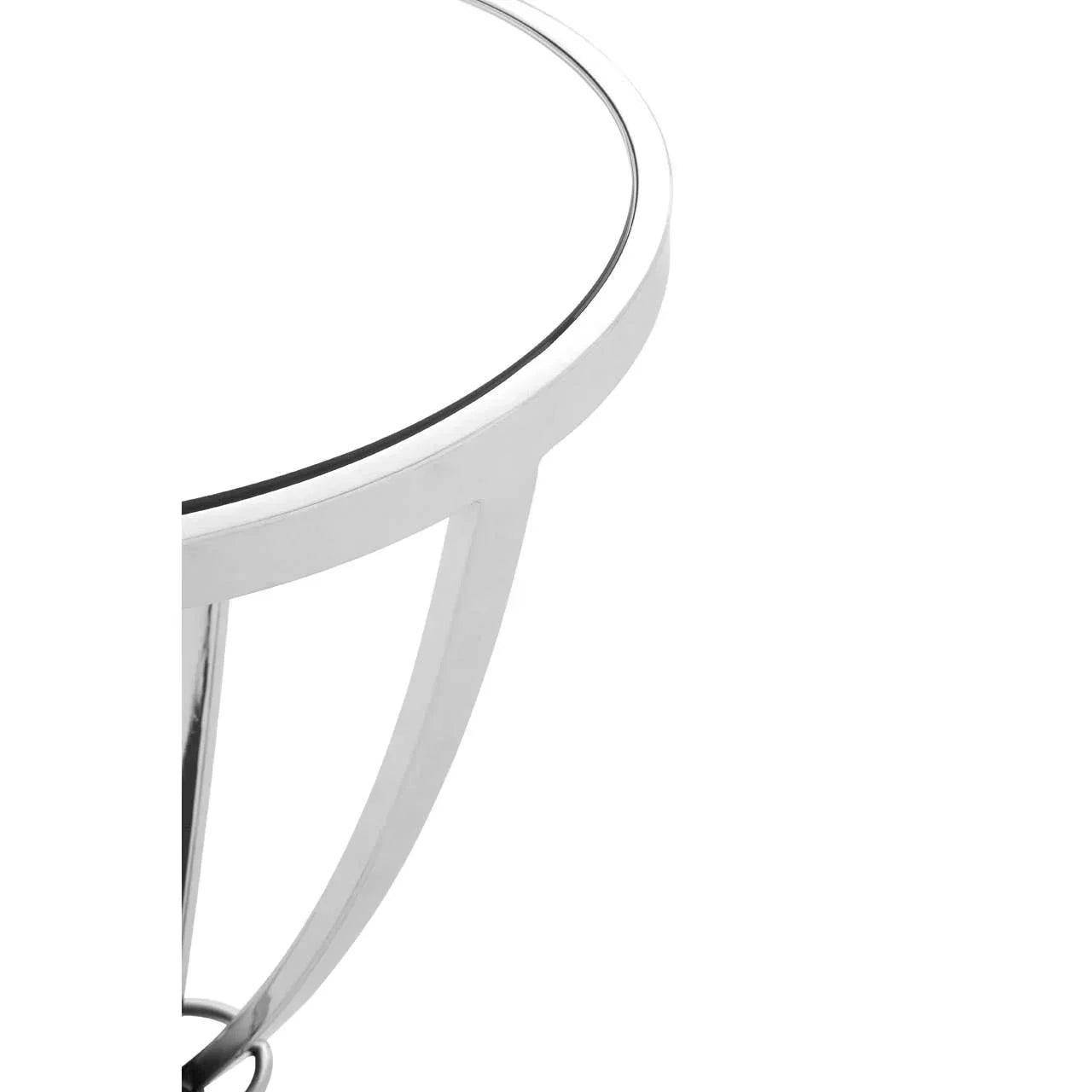 Round glass side table with silver metal legs, closeup of tabletop and frame
