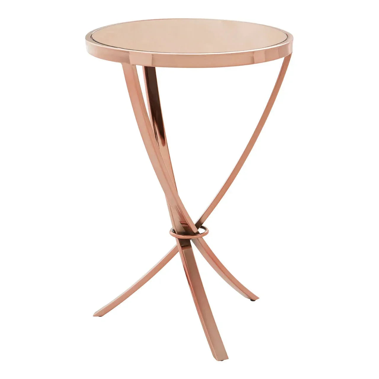 Round rose gold metal side table with crossed legs and smooth mirrored top