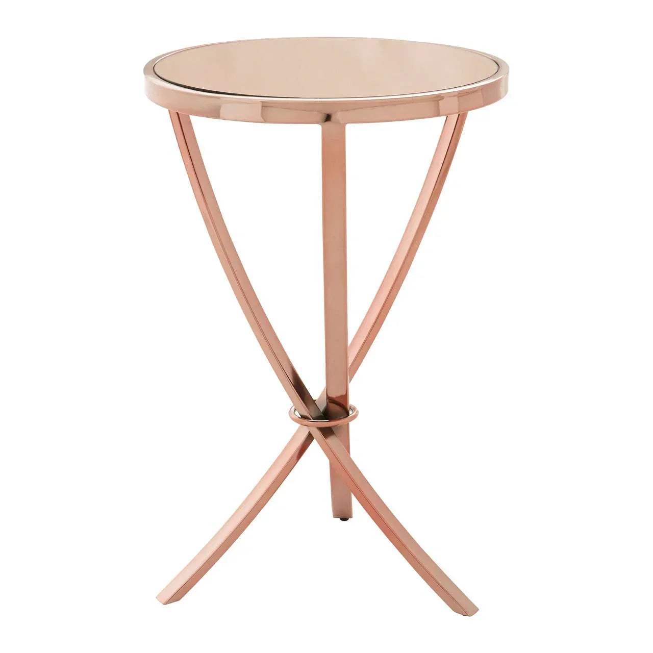 Round rose gold metal side table with mirrored top and crossed legs