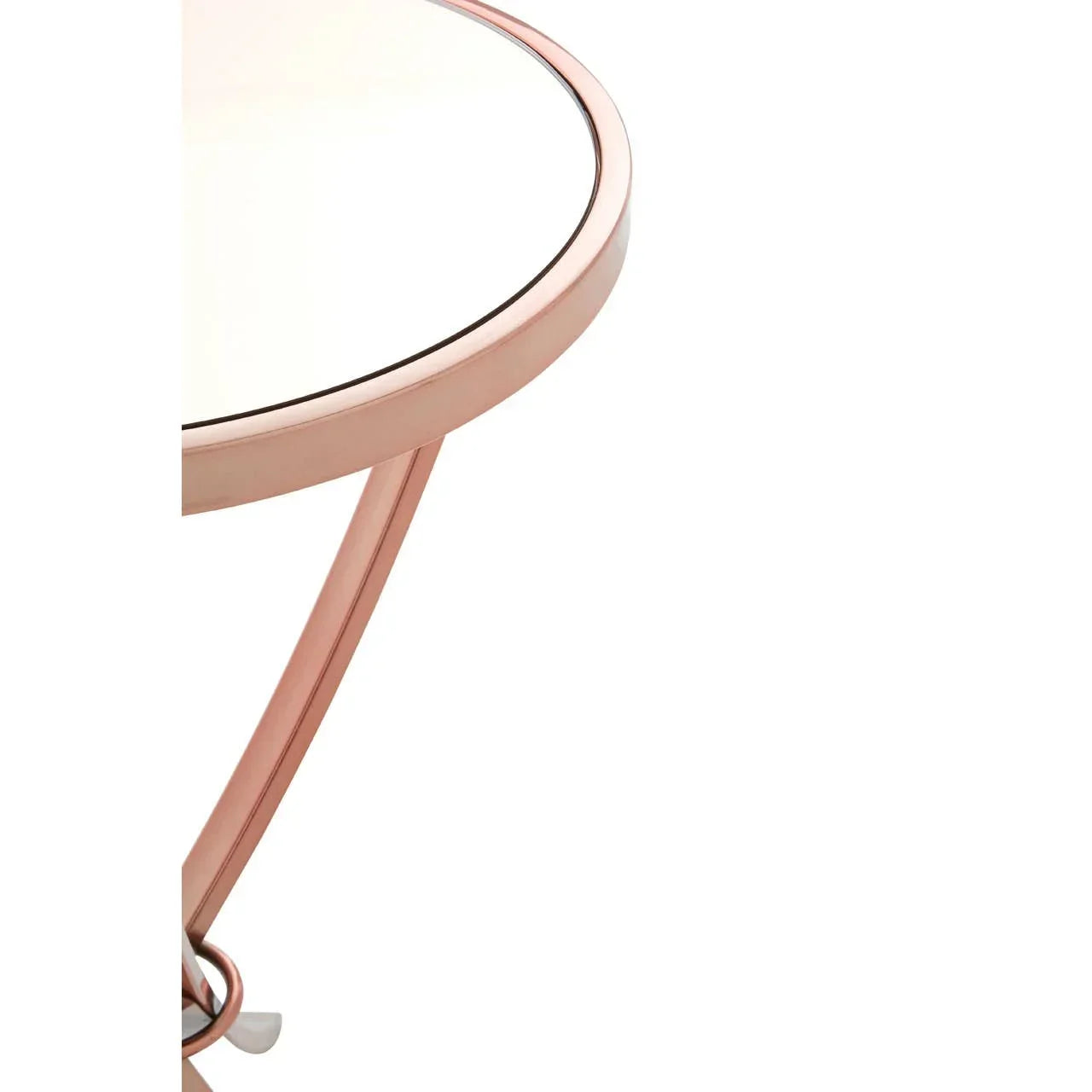 Round glass top side table with rose gold metal frame, angled leg detail visible