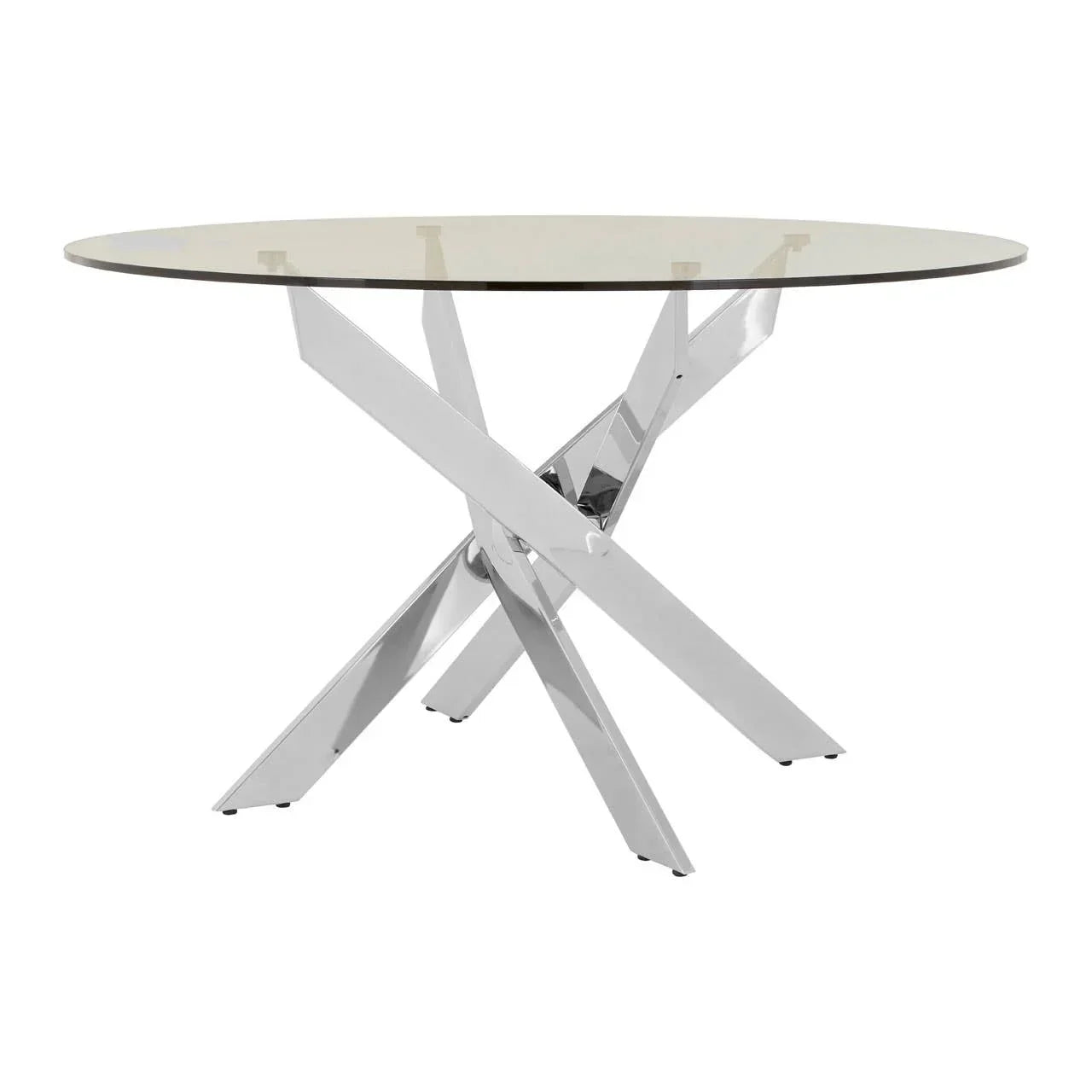 Round glass dining table with chrome crossed legs on white background