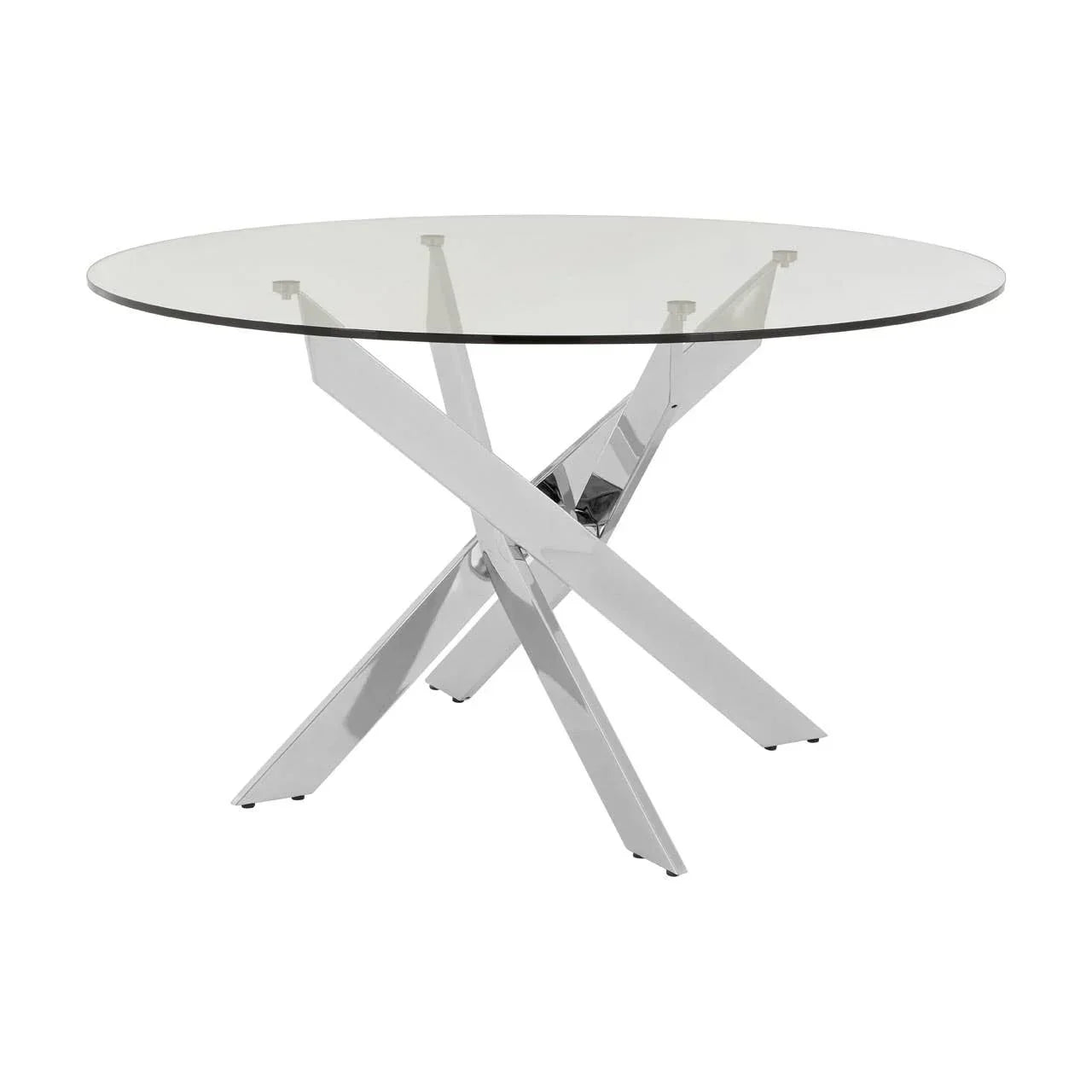 Round glass dining table with chrome crossed metal legs on white background