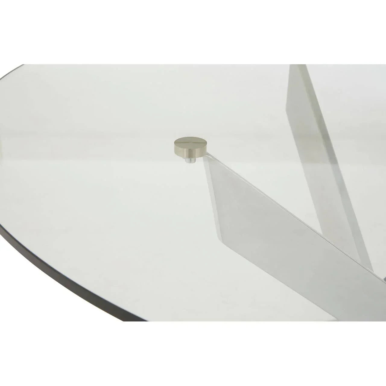 Clear glass coffee table top with chrome metal support detail visible underneath