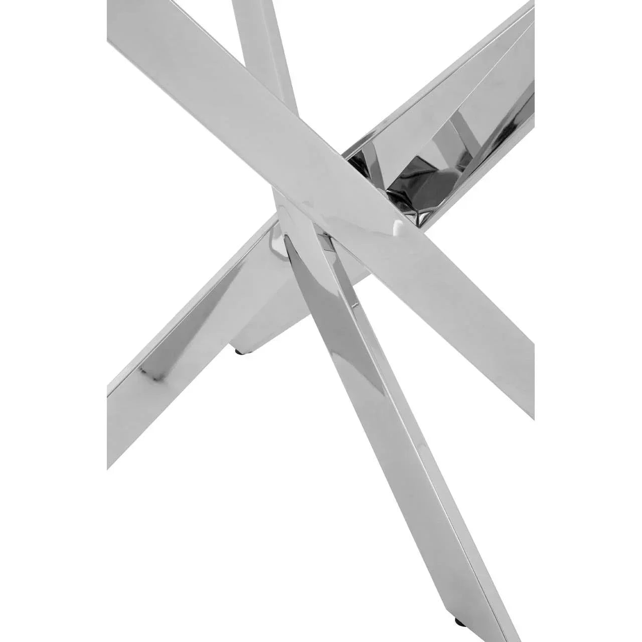 Chrome dining table base with intersecting metal legs, close-up angle