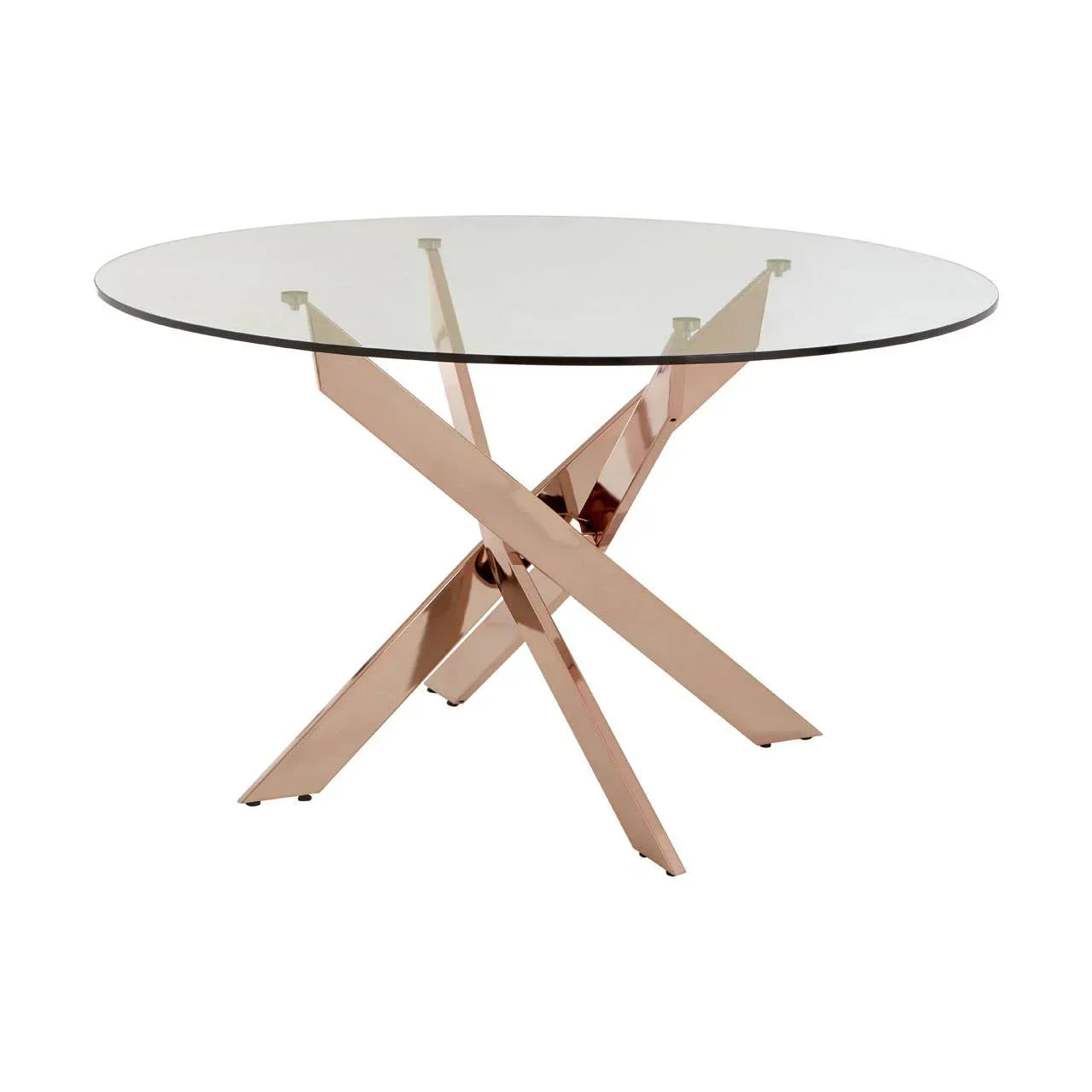 Round glass dining table with rose gold metal crossed legs