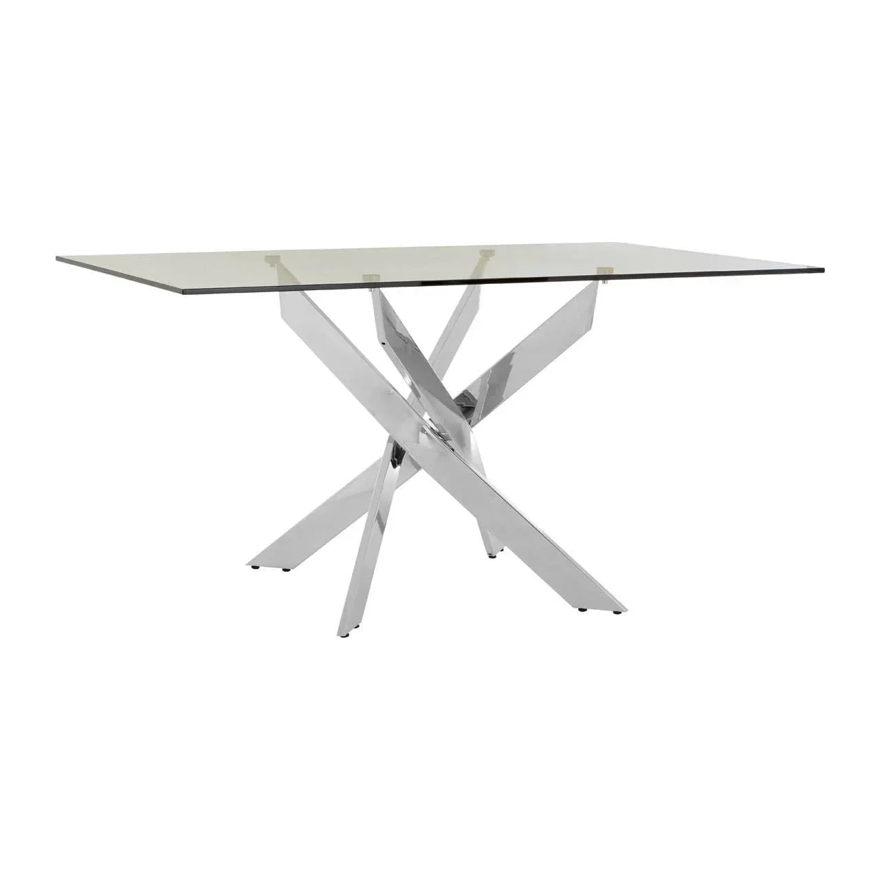 Glass dining table with rectangular top and chrome crossed metal base