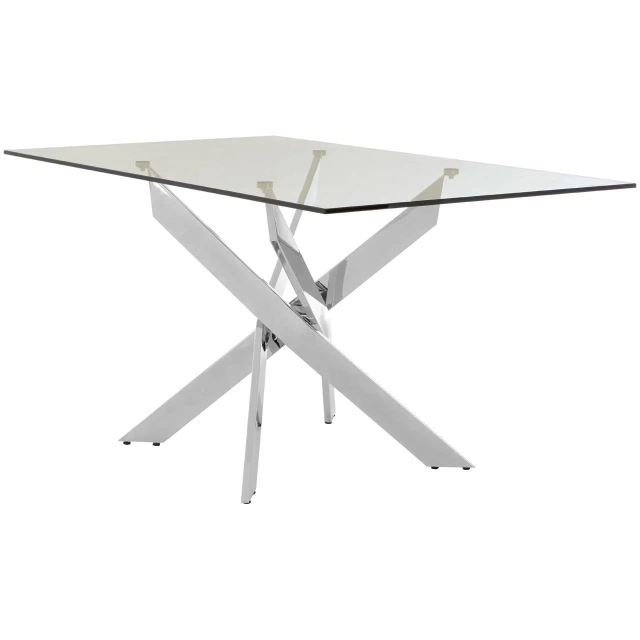 Rectangular glass dining table with chrome crossed metal legs