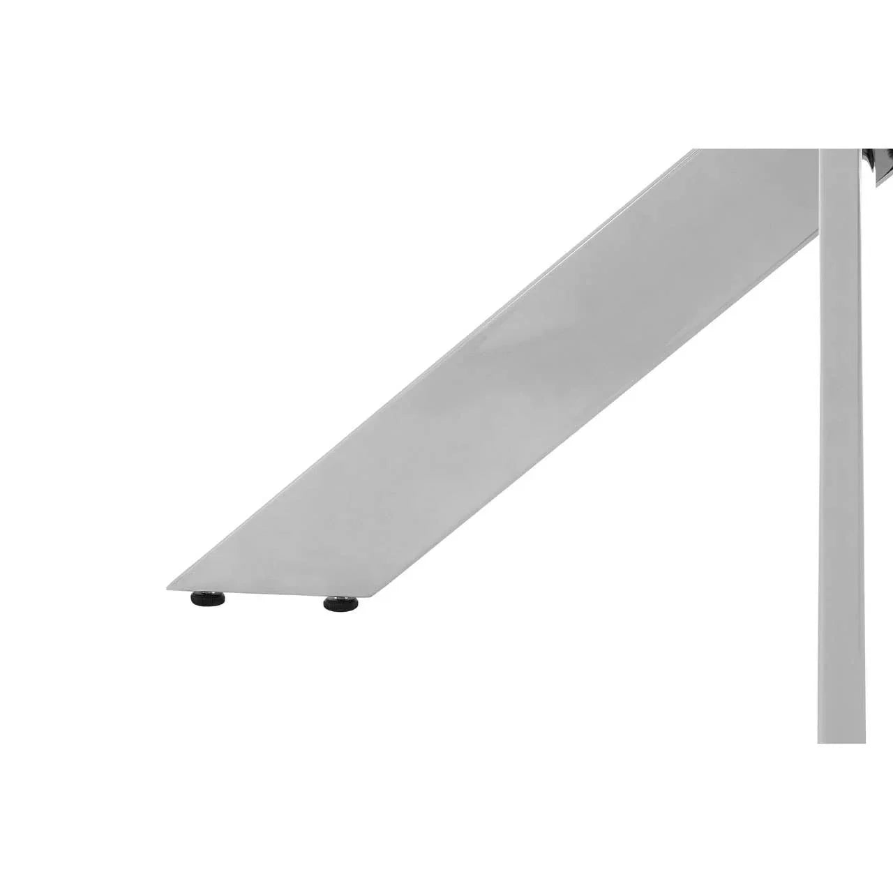 Close-up of metal table leg with plastic floor protectors, modern furniture detail