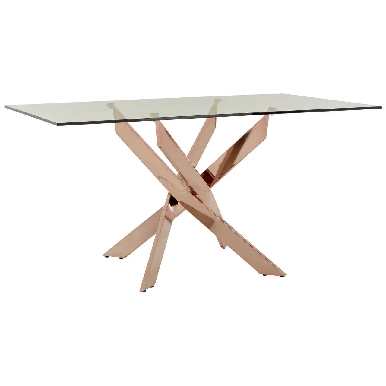 Rectangular glass dining table with rose gold metal cross base