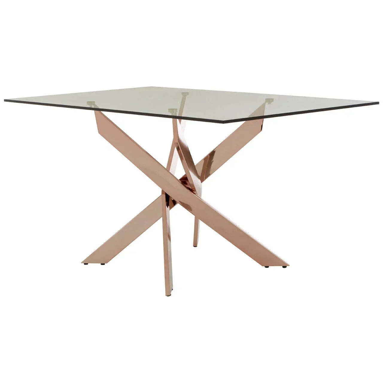 Square glass dining table with rose gold crossed metal legs on white background