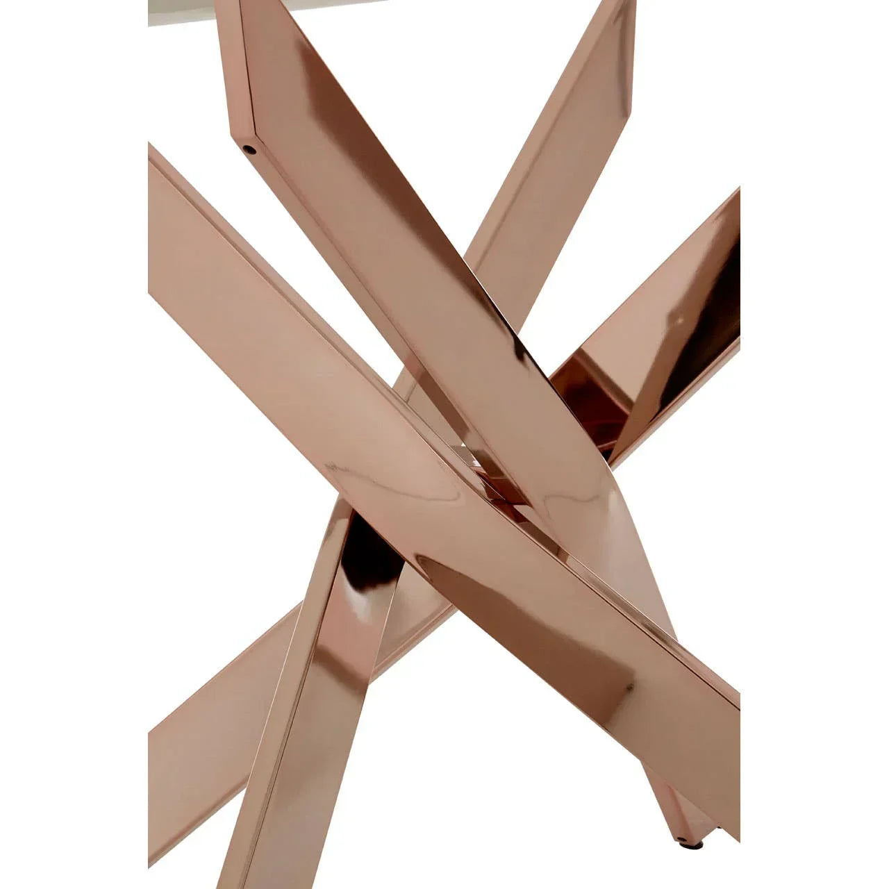 Rose gold metal dining table base with intersecting legs, modern geometric style