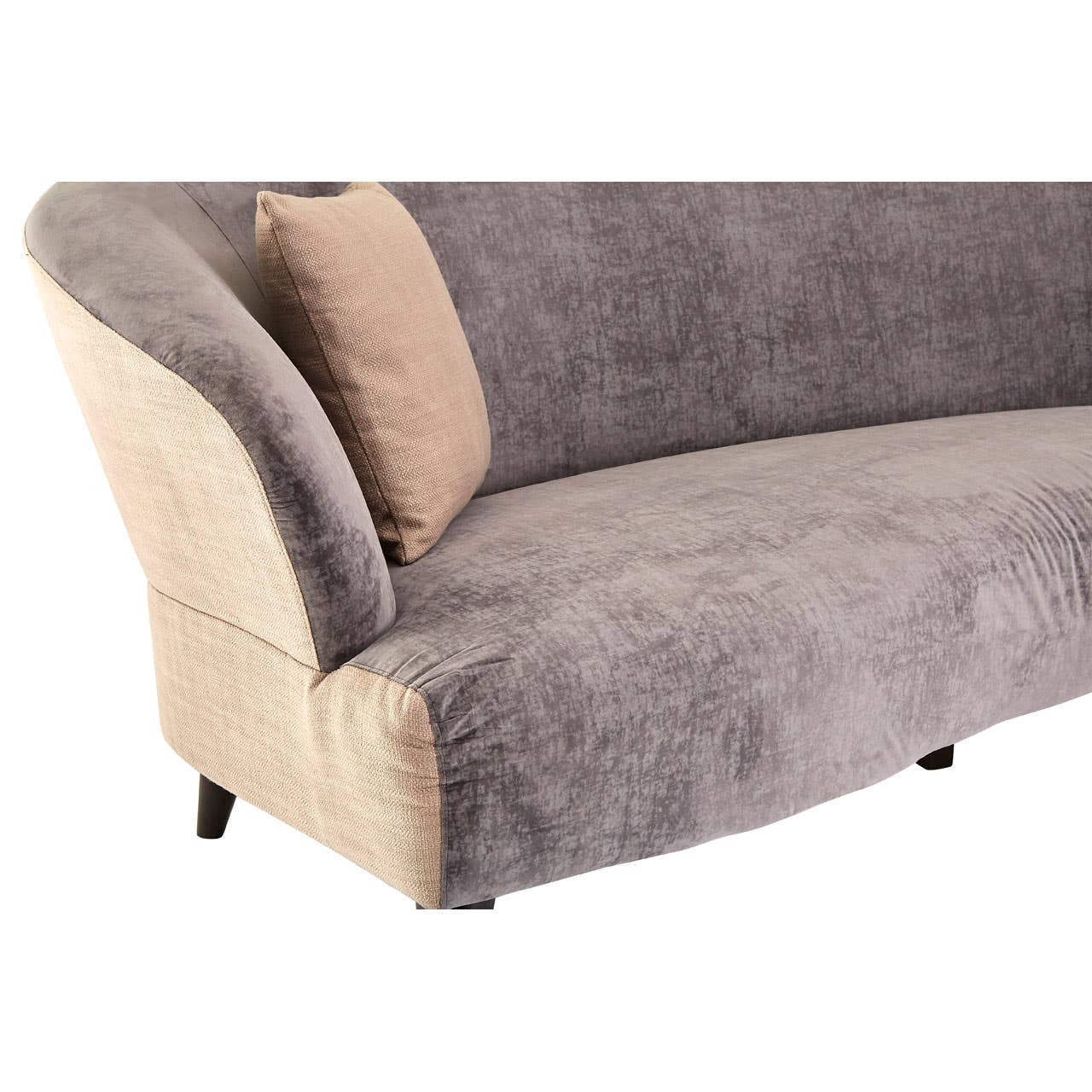 A three-seat sofa featuring a sleek design with a grey velvet upholstery. The sofa has a curved backrest and armrests, complemented by a contrasting beige cushion. The legs are short and black, providing stability and a modern touch to the overall appearance