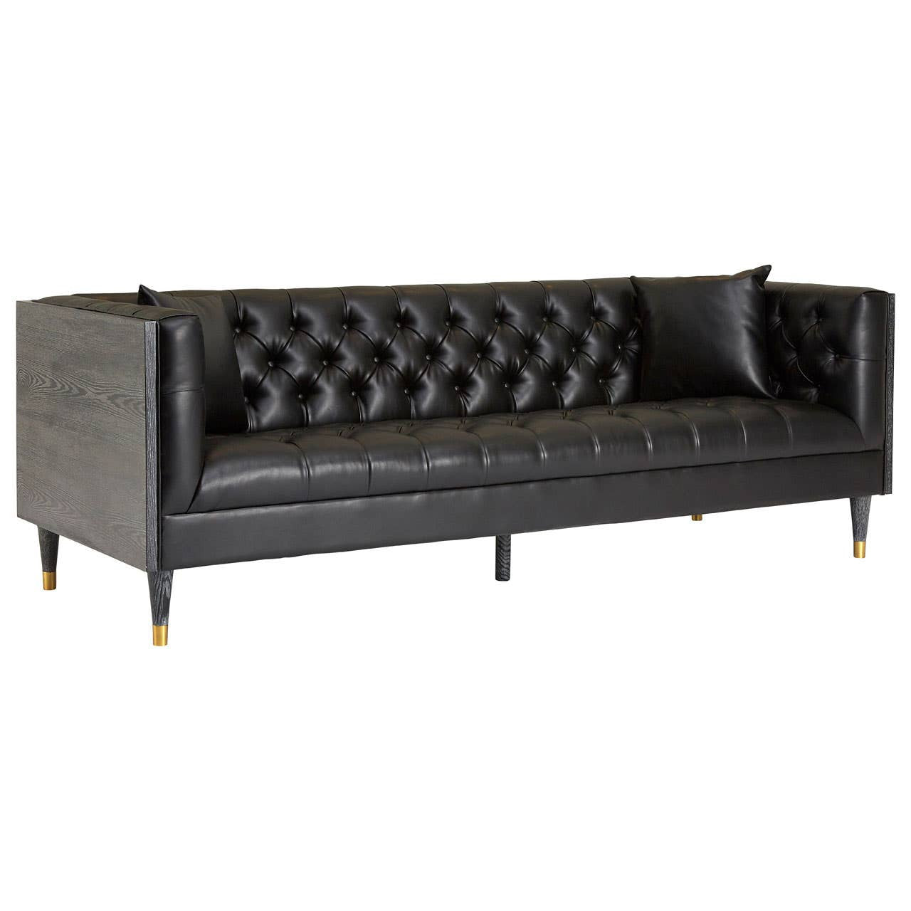Three-seat sofa upholstered in black faux leather, featuring a tufted backrest and sleek armrests. The sofa is supported by slender legs with gold accents, adding a touch of elegance to its modern design