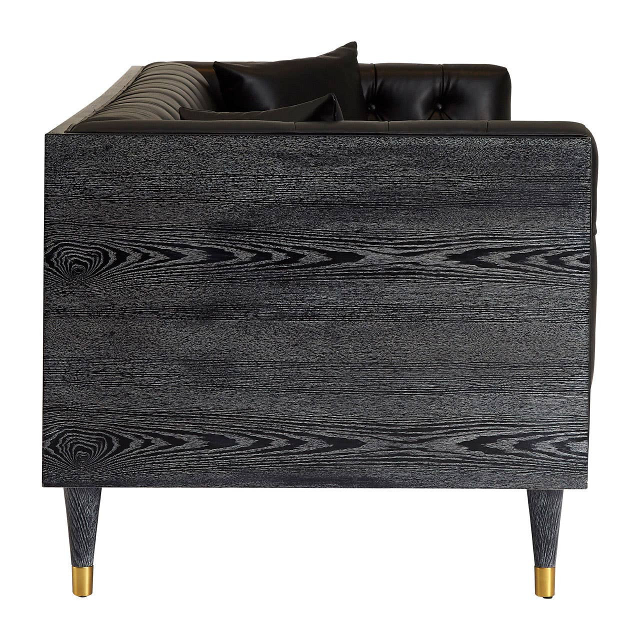 Black faux leather sofa with a sleek design, featuring a low back and rounded edges. The sofa has a smooth texture and is supported by tapered wooden legs. The overall aesthetic is modern and minimalist, suitable for contemporary home decor