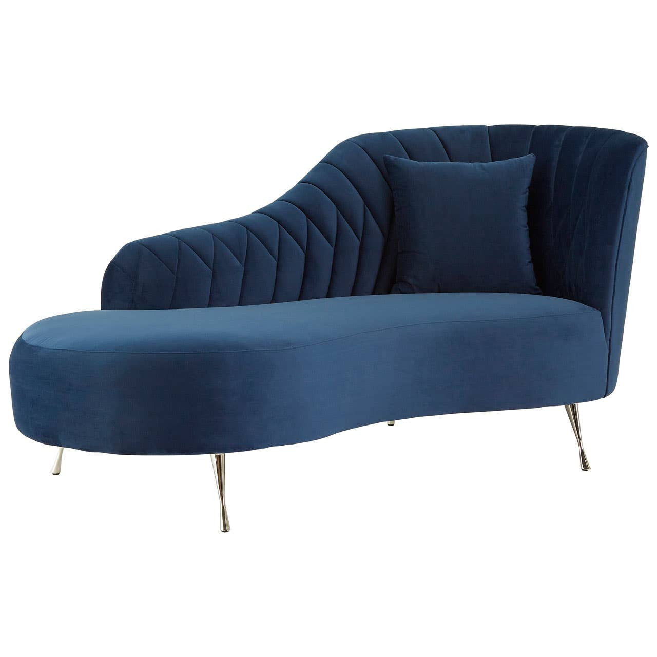 Dark blue velvet chaise longue with a curved backrest and tufted detailing, featuring a plush cushion and sleek metal legs. The design is modern and elegant, suitable for a stylish living space