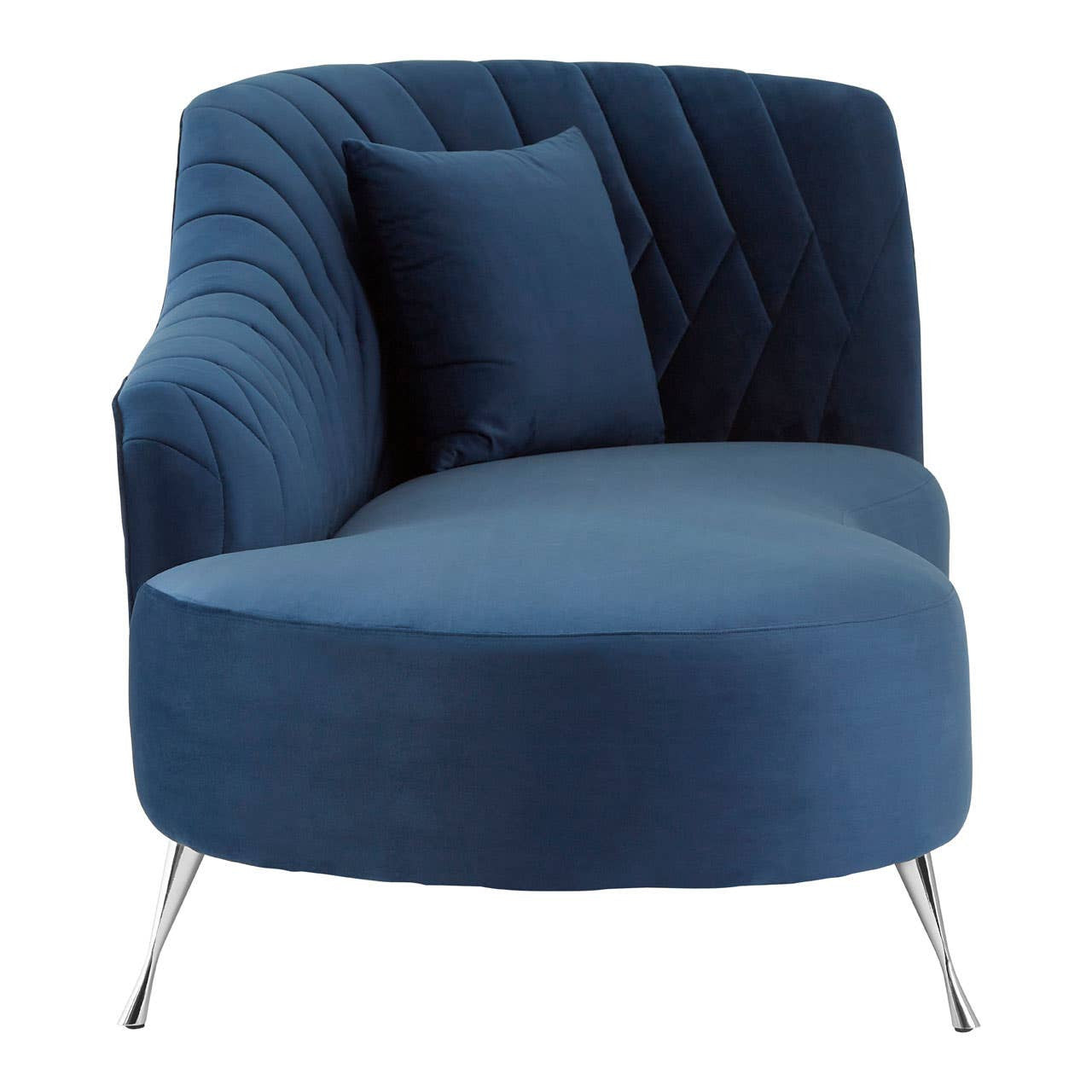 Dark blue velvet chaise longue featuring a curved backrest and a plush seat. The design includes a decorative pillow and sleek metal legs, showcasing a modern and elegant aesthetic. The fabric has a soft texture with subtle vertical stitching on the backrest